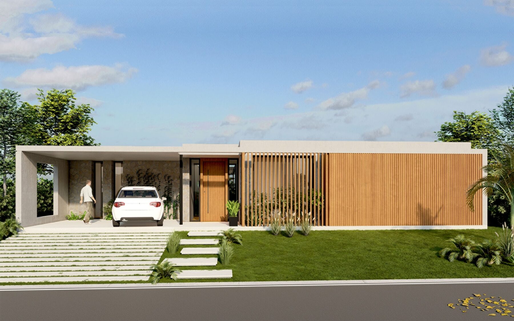 Casa Cavas M21, fachada de acceso con cochera y tamices de madera