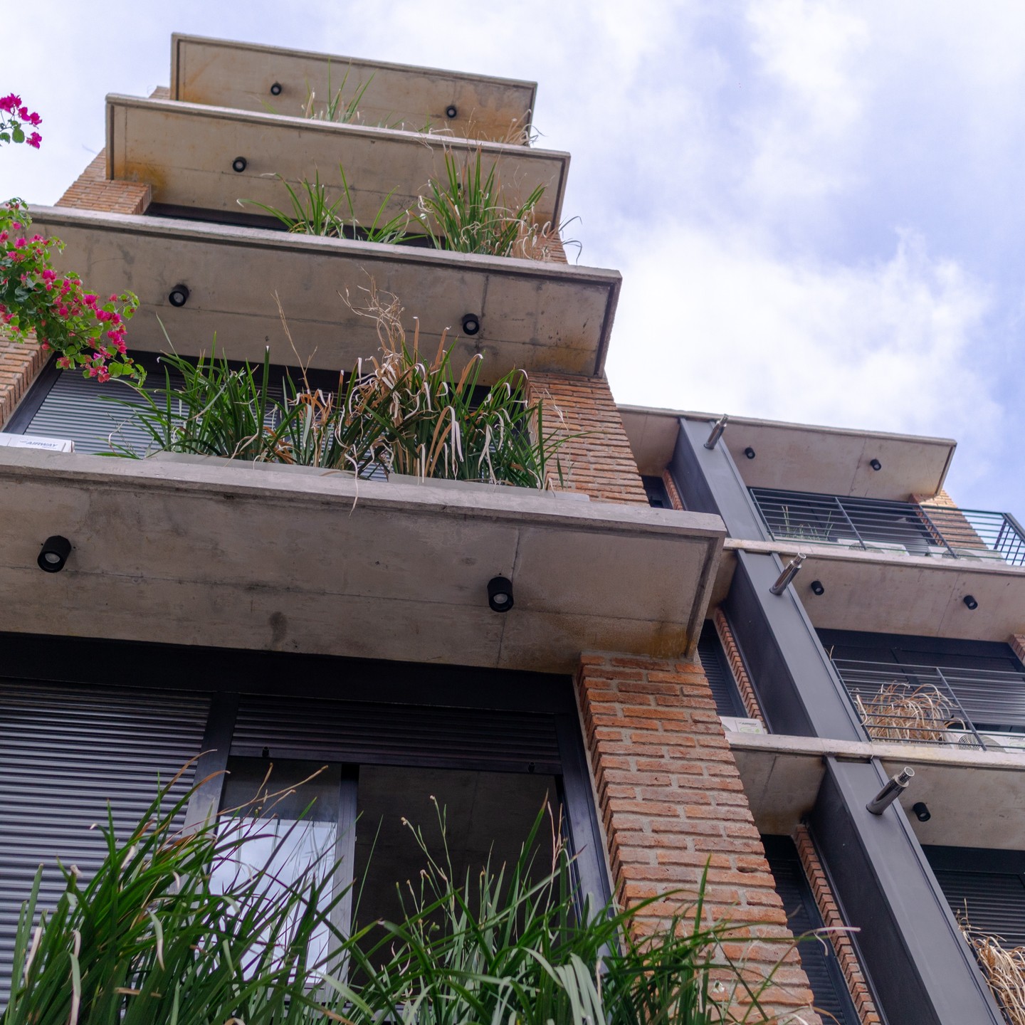 Fachada del Edificio Lamas: ladrillo visto, hormigón y vegetación en balcones