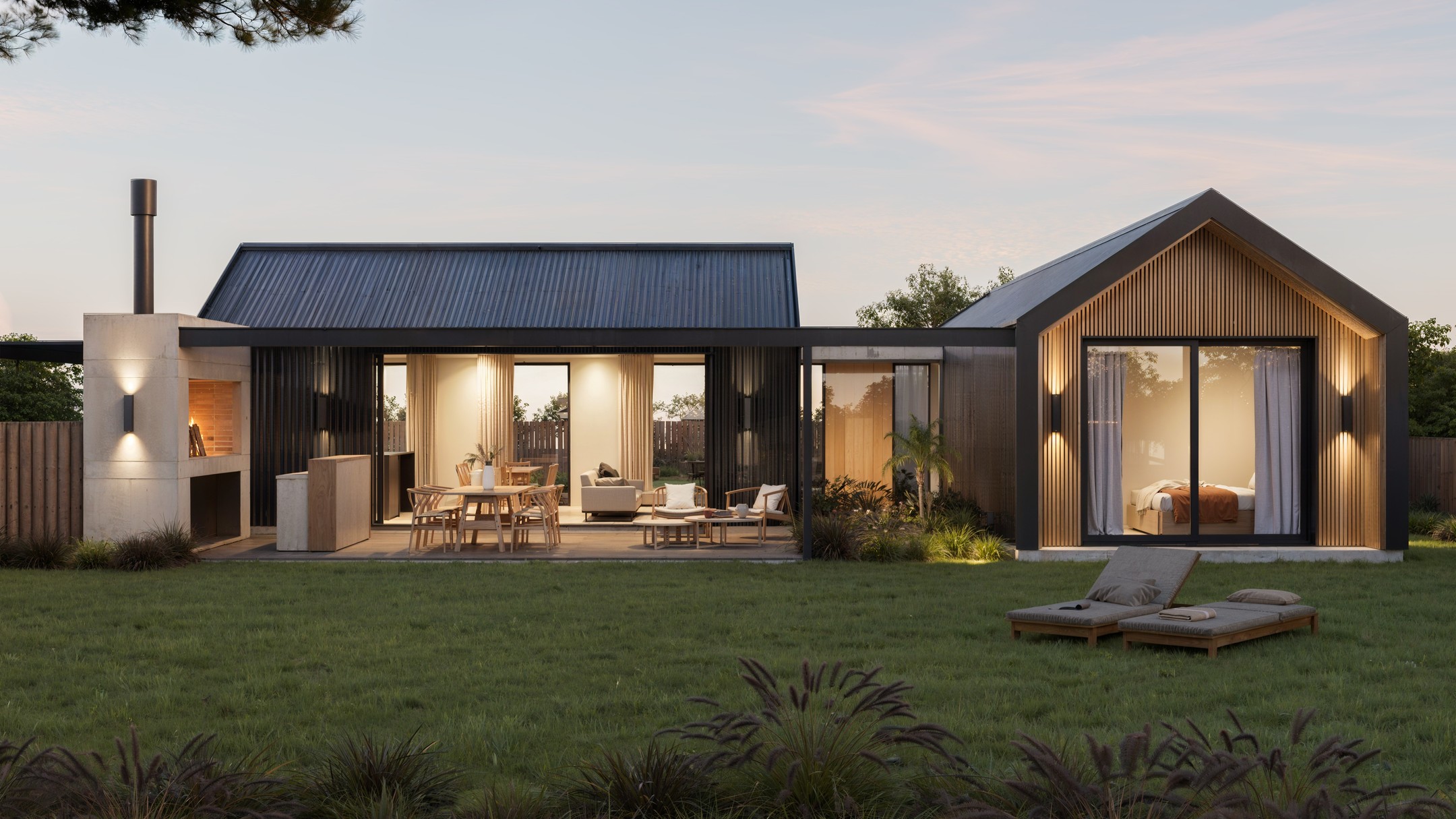 Vivienda unifamiliar de chapa negra y listones de madera al atardecer, Canelones